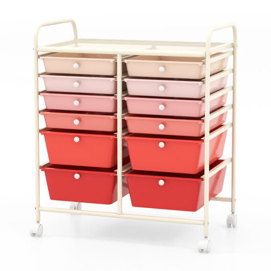 Costway 12-Drawer Rolling Storage Cart with Removable Drawers and Lockable Wheels-Pink