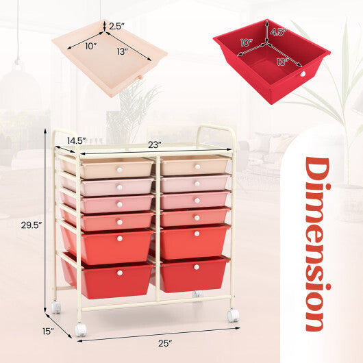 Costway 12-Drawer Rolling Storage Cart with Removable Drawers and Lockable Wheels-Pink
