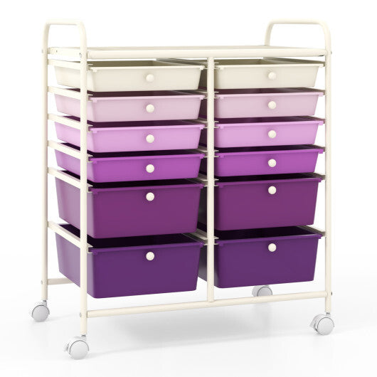 Costway 12-Drawer Rolling Storage Cart with Removable Drawers and Lockable Wheels-Purple