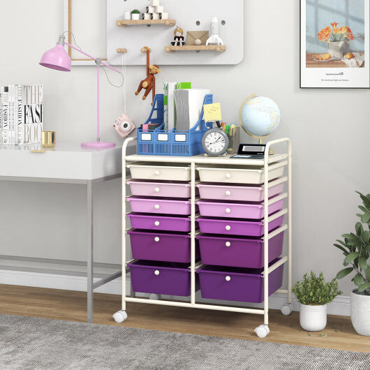 Costway 12-Drawer Rolling Storage Cart with Removable Drawers and Lockable Wheels-Purple