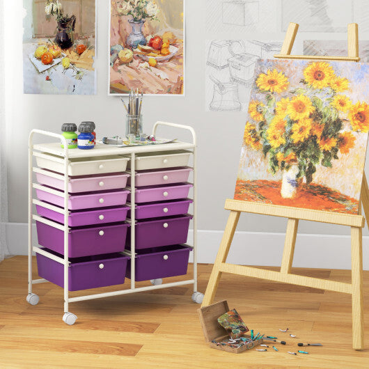 Costway 12-Drawer Rolling Storage Cart with Removable Drawers and Lockable Wheels-Purple