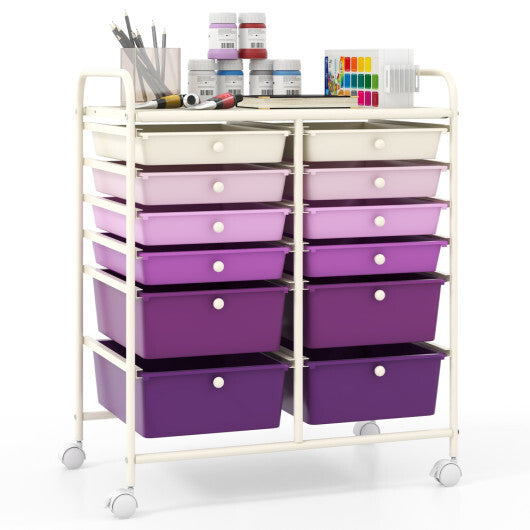 Costway 12-Drawer Rolling Storage Cart with Removable Drawers and Lockable Wheels-Purple