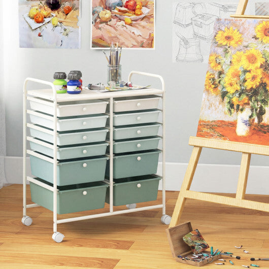 Costway 12-Drawer Rolling Storage Cart with Removable Drawers and Lockable Wheels-Green Gradient