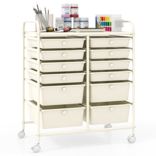 Costway 12-Drawer Rolling Storage Cart with Removable Drawers and Lockable Wheels-Beige