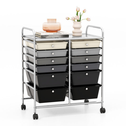 Costway 12-Drawer Rolling Storage Cart with Removable Drawers and Lockable Wheels-Gray