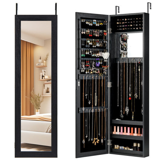 Costway  Full Length Mirror Jewelry Cabinet with Ring Slots and Necklace Hooks-Black