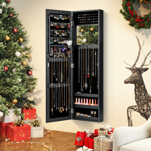 Costway  Full Length Mirror Jewelry Cabinet with Ring Slots and Necklace Hooks-Black