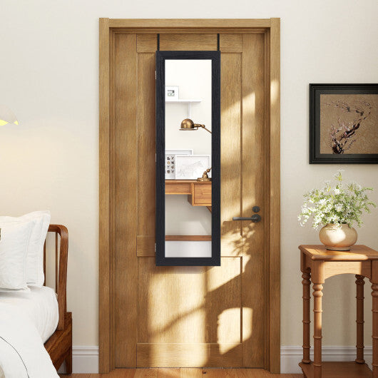 Costway  Full Length Mirror Jewelry Cabinet with Ring Slots and Necklace Hooks-Black