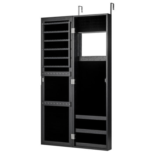 Costway  Full Length Mirror Jewelry Cabinet with Ring Slots and Necklace Hooks-Black