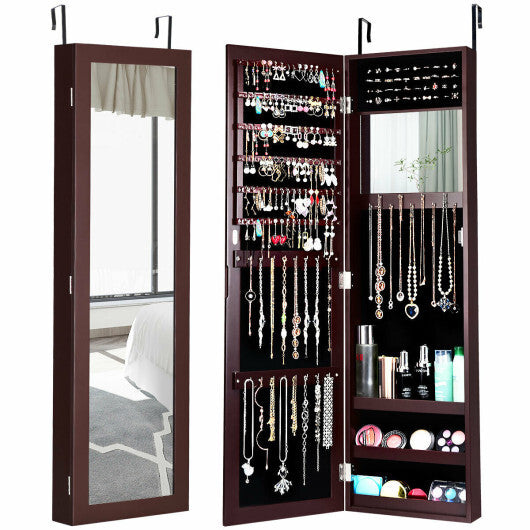 Costway Full Length Mirror Jewelry Cabinet with Ring Slots and Necklace Hooks-Dark Brown