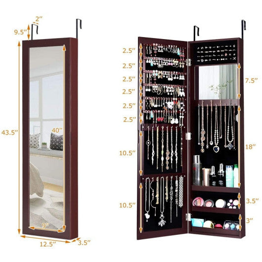 Costway Full Length Mirror Jewelry Cabinet with Ring Slots and Necklace Hooks-Dark Brown
