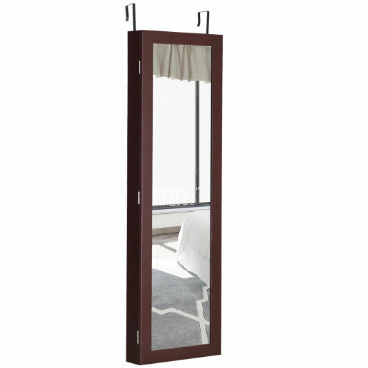 Costway Full Length Mirror Jewelry Cabinet with Ring Slots and Necklace Hooks-Dark Brown