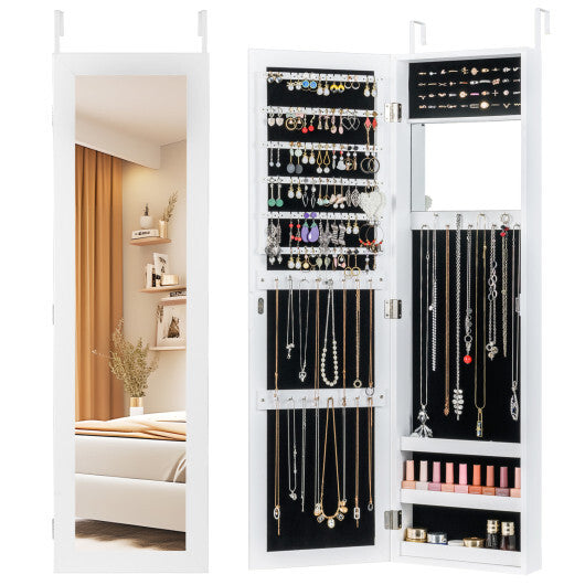 Costway Full Length Mirror Jewelry Cabinet with Ring Slots and Necklace Hooks-White