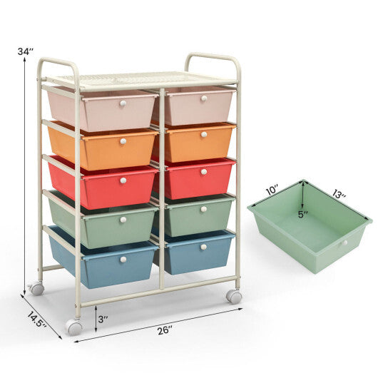 Costway 10-Drawer Rolling Storage Cart-Multicolor