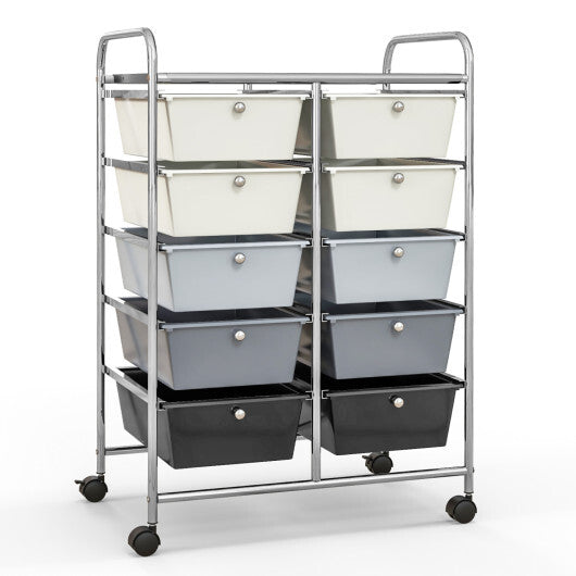 Costway 10-Drawer Rolling Storage Cart-Beige & Gray