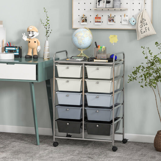 Costway 10-Drawer Rolling Storage Cart-Beige & Gray