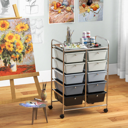 Costway 10-Drawer Rolling Storage Cart-Beige & Gray