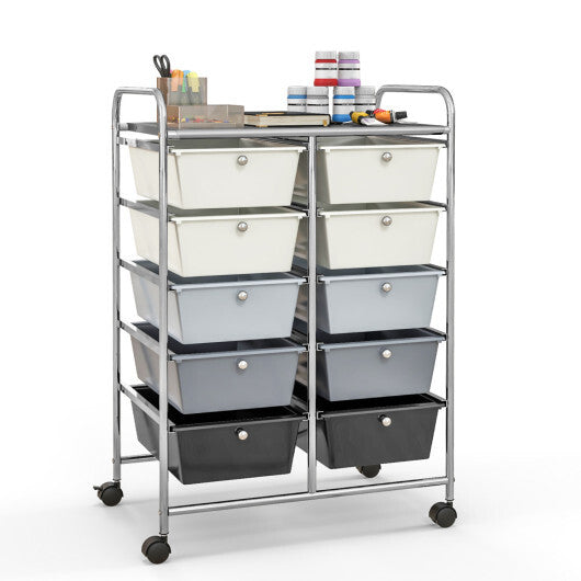 Costway 10-Drawer Rolling Storage Cart-Beige & Gray