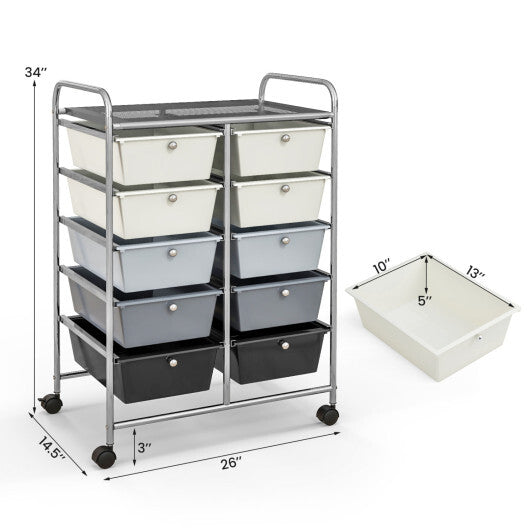 Costway 10-Drawer Rolling Storage Cart-Beige & Gray