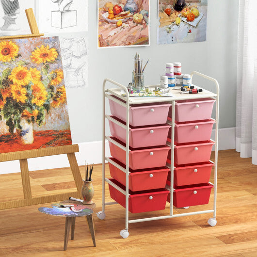 Costway 10-Drawer Rolling Storage Cart-Gradient Pink