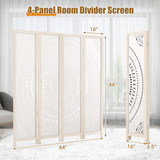 Costway 66 Inch Boho 4-Panel Room Divider Privacy Screen with Carved Pattern