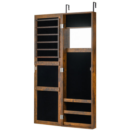 Costway Full Length Mirror Jewelry Cabinet with Ring Slots and Necklace Hooks-Rustic Brown