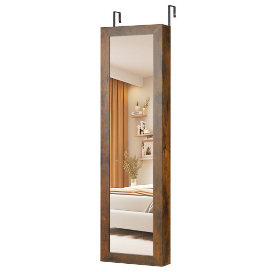 Costway Full Length Mirror Jewelry Cabinet with Ring Slots and Necklace Hooks-Rustic Brown