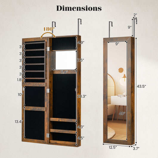 Costway Full Length Mirror Jewelry Cabinet with Ring Slots and Necklace Hooks-Rustic Brown