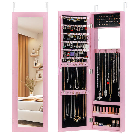 Costway Jewelry Cabinet Wall or Door Mounted Jewelry Armoire Modern Hanging Jewelry Organizer-Pink