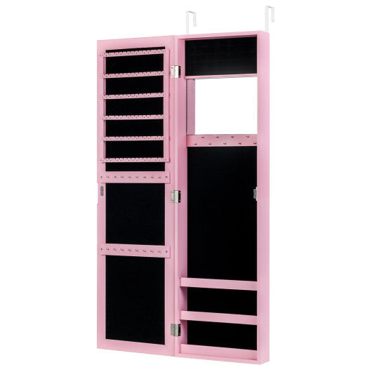 Costway Jewelry Cabinet Wall or Door Mounted Jewelry Armoire Modern Hanging Jewelry Organizer-Pink