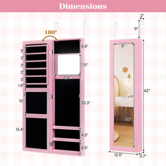 Costway Jewelry Cabinet Wall or Door Mounted Jewelry Armoire Modern Hanging Jewelry Organizer-Pink