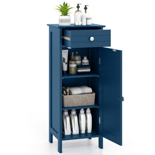 Costway Wooden Storage Free-Standing Floor Cabinet with Drawer and Shelf-Blue