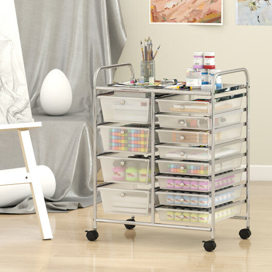 Costway 12-Drawer Utility Rolling Cart with Drawers Multi-Use Storage-Transparent