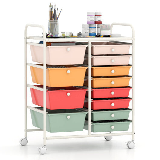 Costway 12-Drawer Utility Rolling Cart with Drawers Multi-Use Storage-Macaron