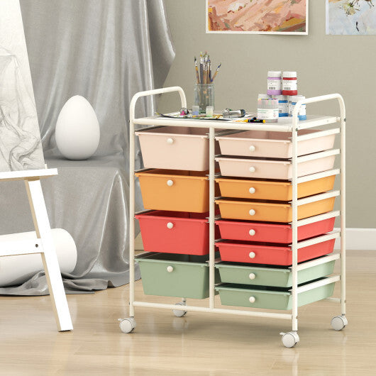 Costway 12-Drawer Utility Rolling Cart with Drawers Multi-Use Storage-Macaron
