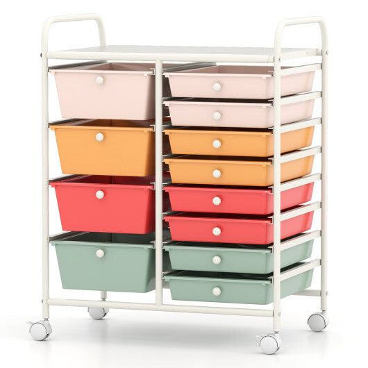 Costway 12-Drawer Utility Rolling Cart with Drawers Multi-Use Storage-Macaron