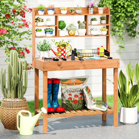 Costway Potting Bench Table with Flip-up Tabletop  Storage Shelves for Patio Porch Balcony Brown
