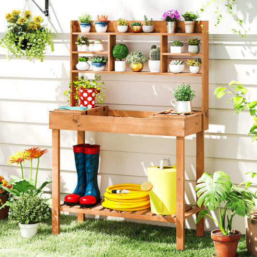 Costway Potting Bench Table with Flip-up Tabletop  Storage Shelves for Patio Porch Balcony Brown