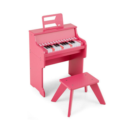 Costway 25 Keys Kids Piano Keyboard with Stool Mini Digital Piano Wooden Toy with Adjustable Speed and Volume-Pink