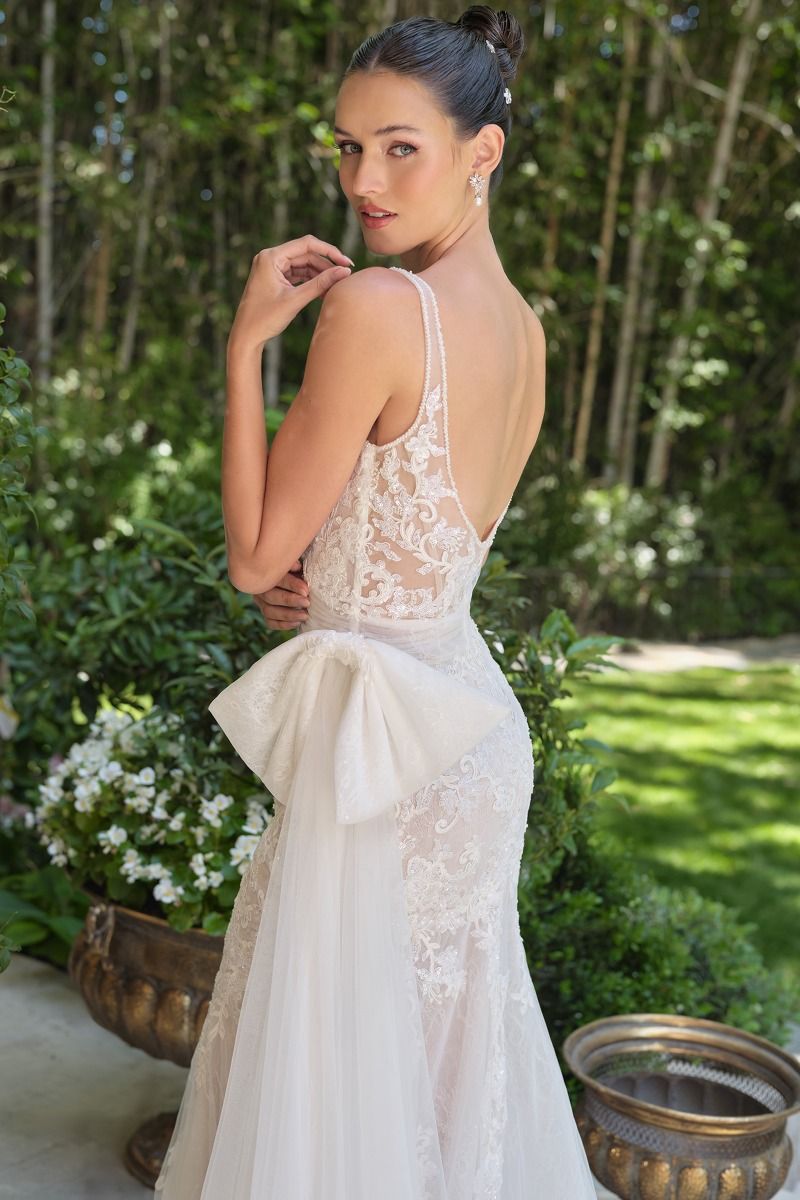 Embroidered Lace Mermaid Bridal Gown with Tulle Bow Train