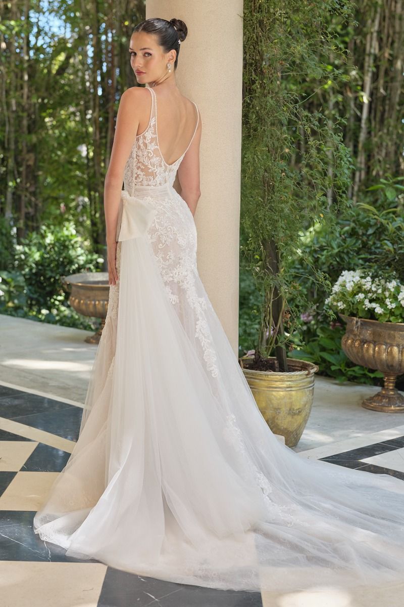 Embroidered Lace Mermaid Bridal Gown with Tulle Bow Train
